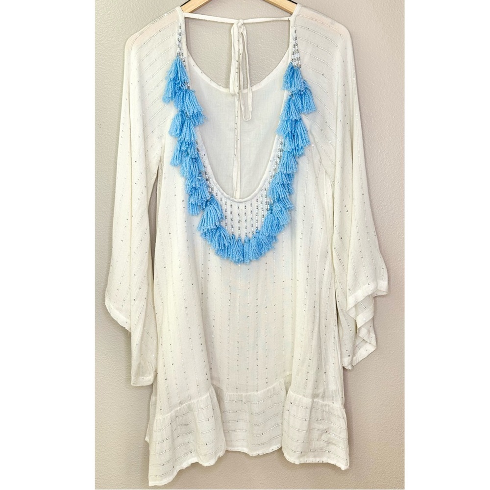 Sundress Indiana White Sequin Turquoise Beaded Tassels Swim Cover-Up Mini Dress - Picture 8 of 9